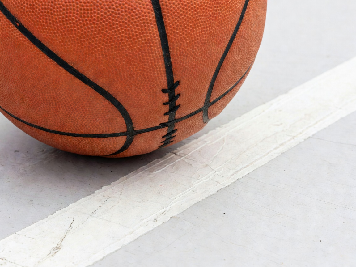 Close-up of the stitched seams of a basketball resting on a painted court line