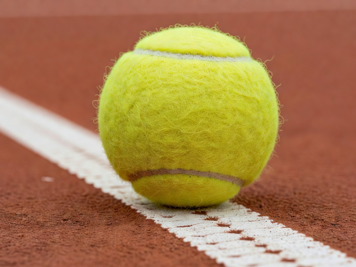 Close-up of a yellow tennis ball felt and seam resting on a painted clay court line